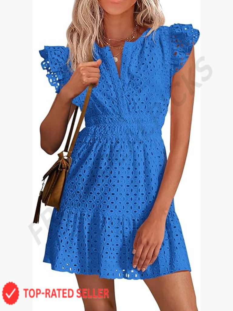 Eyelet Cap Sleeve V Neck Short Boho Wedding Guest Dress Summer Beach Vacation